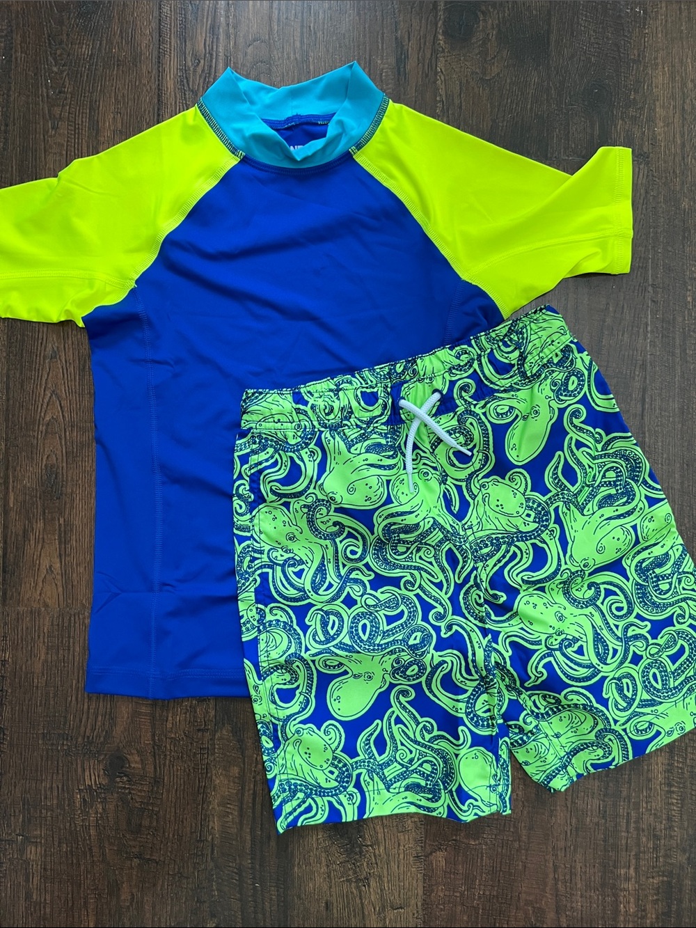 Lands' End Blue & Neon Green Kids Rash Guard and Board Short Swim Set